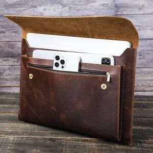 Top Grain Leather 14.2" Laptop Sleeve Bag, Magnet Snap Button Design & 3 Pockets